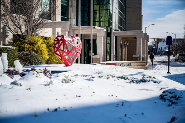 city hall heart in snow